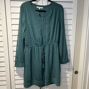 Daniel Rainn Teal Textured Drawstring Dress L Swiss Dot Chevron roll-tab sleeves